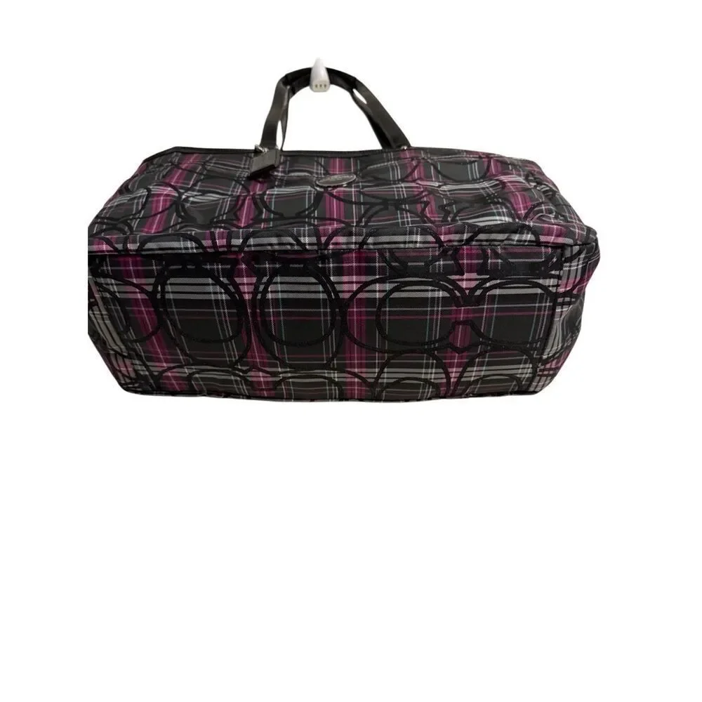 Coach Womens Signature C Poppy Plaid Tartan Glitter Shoulder Tote Bag Black Pink